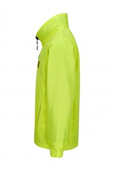The image shows a bright yellow jacket in profile. It has a high collar and a zipper. The surface appears smooth and has small, textured dots.