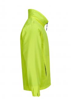 The image shows a bright yellow rain jacket with a stand-up collar. It has a zipper and a simple, close-fitting shape. One side features a lateral opening.