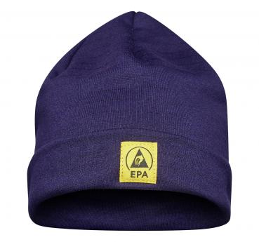 Die Abbildung zeigt eine dunkelblau gestrickte Mütze mit einem umgeschlagenen Rand. Auf der Vorderseite befindet sich ein gelbes Etikett mit dem Schriftzug "EPA".
