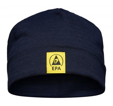 The image shows a dark blue knitted hat with a folded brim. On the front, there is a yellow label with the inscription 