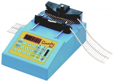The image displays a black, rectangular component with two side arches. It features three metallic pins protruding vertically, as well as a central recess.