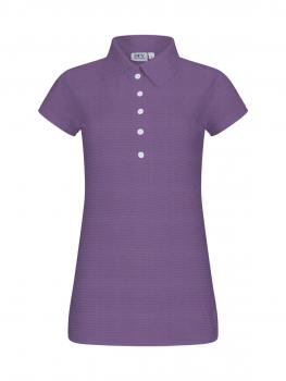 The image shows a purple polo shirt with short sleeves and a classic collar. There are several white buttons on the front. The material appears smooth.
