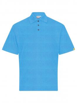 The image shows a light blue polo shirt with short sleeves. It features a classic collar, three buttons, and a textured surface. A small, yellow detail is on the sleeve.