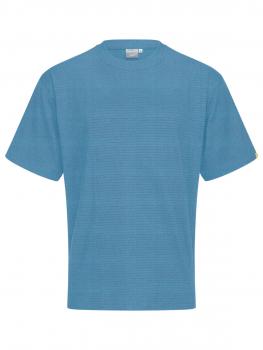 The image shows a short-sleeved T-shirt in a light blue. It has a round neckline and is plain without any patterns. The fabric texture is slightly raised.