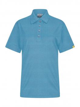 Das Bild zeigt ein kurzärmliges Poloshirt in einem hellen Blauton. Es hat einen Kragen, vier Knöpfe auf der Vorderseite und eine leicht strukturierte Oberfläche.