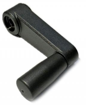 The image shows a black L-shaped handle used for turning or cranking. The handle has a smooth surface and a round opening at one end.