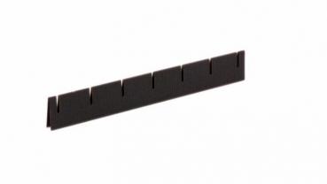 It is a narrow, rectangular strip in black with several notches. This could be part of a control panel or a bracket.