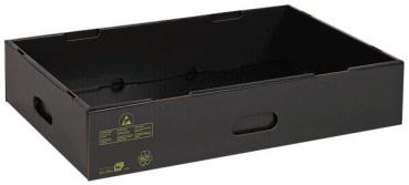 The image shows a rectangular, black cardboard box without a lid. It has openings for carrying on both long sides and is flat. The inner surface is smooth and unprinted.