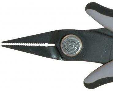 The image shows a pair of pliers with two long, narrow jaws. The handles are black with white inserts. Button in the middle for opening and closing the pliers. The jaws have a serrated edge.