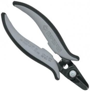The image shows a two-part pliers with rounded, gray handles and a sharp cutting edge. The pliers are compact and have a central screw for guidance.