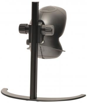 The image shows a black, round computer camera attached to a sturdy, vertical holder. The holder has a curved base. The camera lens faces forward.