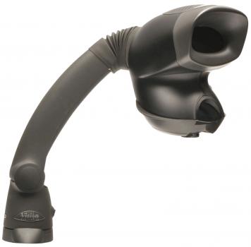 Das Bild zeigt ein schwarzes, ergonomisches Gerät mit einem flexiblen Arm. Die Vorderseite hat eine Öffnung, die schmal und rund ist, und es hat einen stabilen Fuß zur Befestigung. Ideal für verschiedene Anwendungen.