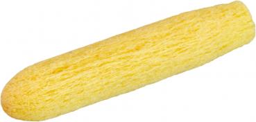 The image shows a long, narrow, cylindrical object in a bright yellow color with a soft, porous surface. It has a slightly rounded shape at both ends.