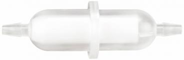 The image shows a transparent filter in cylindrical shape with two short, hose-like connectors at the ends. The filter has a medium taper and a smooth surface.