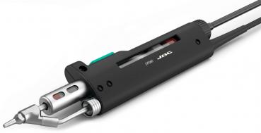 The image shows a black soldering iron with a smooth handle and a metal head. There is a transparent display that shows the temperature. Cables are attached to the sides.