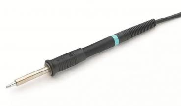 The image shows a soldering iron with a black handle and a blue ring. The tip is metallic and thin. A cable extends from the handle. The iron is used for soldering.