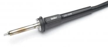 The image shows a soldering iron with a black handle and a metallic tip. The soldering iron has a cable that is connected to the heating device.