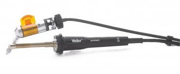 The image shows a soldering iron tool in black with a long, slender metal tip and a yellow regulator on the handle. It has a power cord that leads to the power source.