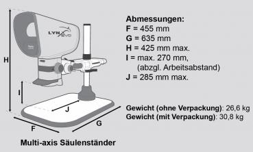 Das Bild zeigt einen technischen Entwurf eines Multi-Axis-Säulenständers. Es sind Maße und Gewichte angegeben, ohne Farben oder spezifische Details. Klare Linien und Symbolik sind verwendet.