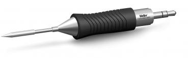 The image shows a soldering iron that is sleek and metallically shiny. The handle is ergonomic, with a textured, black rubber coating for better grip.