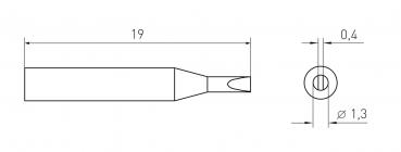 The image displays a technical drawing of an object with a length of 19 mm. It has a pointed shape, with a diameter of 1.3 mm and an opening of 0.4 mm.