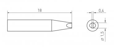 The image displays a technical drawing of an object. It has an elongated, pointed shape with a diameter of 18 mm at its thickest point and a round end with a diameter of 1.5 mm.