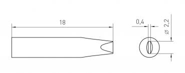 The image displays a technical drawing of a tool. It has an elongated shape with a pointed opening and is circular on one side with a slot. Dimensions are provided.