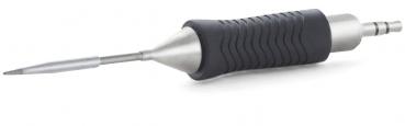 Das Bild zeigt ein Werkzeug, das wie ein schmaler Stift aussieht. Es hat einen gummierten Griff mit Rillen für besseren Halt und eine spitze, metallene Arbeitsfläche vorne.