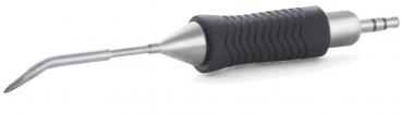 The image displays a tool with a long, curved stainless steel head and a handle made from non-slip material. The handle has a textured surface for improved grip.