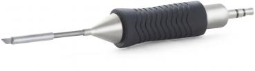 The image shows a tool handle with a metallic attachment. The handle has a rubberized, non-slip surface and tapers towards the end. The attachment is pointed and flat.