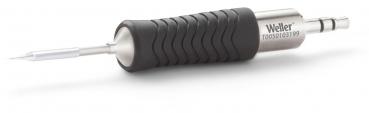 The image shows a soldering iron with an ergonomic handle made of non-slip rubber. The handle is black and has a textured surface for better grip. The tip is shiny and metallic.