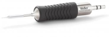 The image shows a soldering iron with an ergonomically shaped handle made of black rubber. The front tip is metallic and fine, ideal for soldering.