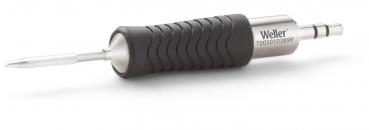 The image shows a soldering iron with a metallic, smooth end and a rubberized, non-slip grip. The grip has a wavy structure for better hold.
