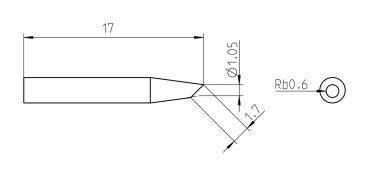 The image shows a technical drawing of an object with dimensions. It has a straight section that transitions into a more pointed shape, and includes various diameters and radius details.