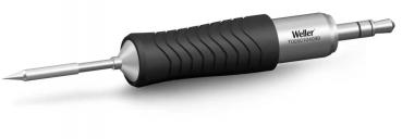 The image shows a soldering iron with a long, black handle that is ridged for better grip. The tip is made of metal and has a conical shape.