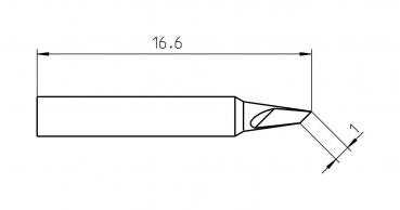 Das Bild zeigt eine technische Zeichnung eines Werkzeugs mit einer Länge von 16,6 Einheiten. Die Kante ist schräg und hat eine Öffnung an der Spitze, die leicht abgeschrägt ist.