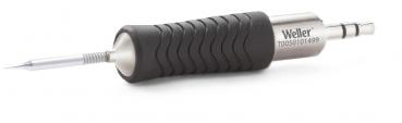 The image shows a soldering iron with a non-slip rubber grip and a metallic tip. The handle has a curved surface for better grip.