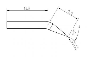 The image displays a technical drawing of a tool. It has a length of 13.8 and a width of 7.8 mm, with a sharp, slanted edge and a radius of 0.05 mm.
