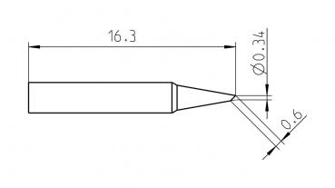 The image displays a technical drawing of an object with an elongated, tapering front end. Dimensions of 16.3 mm, 0.34 mm, and 0.6 mm are specified. The shape is precise and defined by lines.