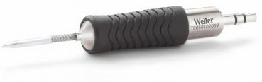 The image shows a soldering iron tip with a metallic handle. The handle has a non-slip, black rubber coating and ends in a sharp, long, metallic tip.