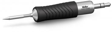The image shows a handy tool handle. The handle is black with non-slip grooves, and at one end there is a metallic insert with a pointed shape, which is used for screwing.