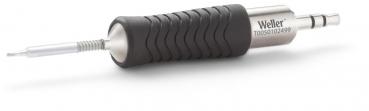 The image shows a screwdriver with a long, narrow metal head. The handle is non-slip and rubbery with vertical grooves, and the tool has a shiny metal part.