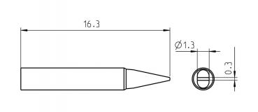 The image displays a technical drawing of a pen. It is 16.3 mm long, with a tip and a diameter of 1.3 mm. A top view shows the round opening with a depth of 0.3 mm.