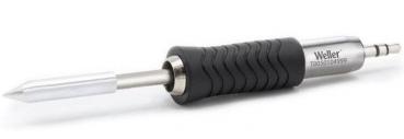 The image displays a soldering iron with a gray, rubberized handle. The metallic iron features a pointed tip and an ergonomic shape that fits comfortably in the hand.