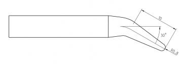 The image shows a technical sketch of a tool with a straight, elongated handle and a narrow, downward-bent tip. Dimensions and angles are marked.