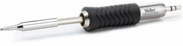 The image shows a soldering iron with a silver metal head and a non-slip, black handle. The handle has a textured surface for better grip.