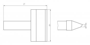 Das Bild zeigt eine technische Zeichnung eines Bauteils. Es hat eine zylindrische Form mit einem kürzeren, spitz zulaufenden Ende. Maße sind angegeben: 27 mm und 20 mm hoch.