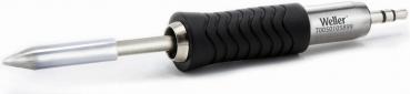 The image shows a soldering iron with a gray, non-slip grip and a silver stainless steel tip. The grip has grooves for better hold. It is often used for electronic work.