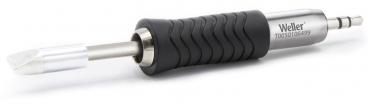 The image displays a soldering iron with a non-slip, gray-black handle. The tip is metallic and slightly beveled. The iron has the "Weller" logo engraved on it.