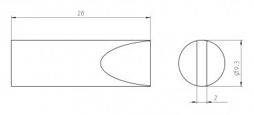 The image displays technical drawings of an elongated object with a rounded tip. On the left, the length measurements are provided; on the right, a cross-section with a diameter of 9.3 mm is shown.